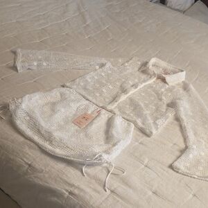 White Lace Two-Piece Skirt Set — Elegant Button-Up Crop Top & Drawstring Skirt